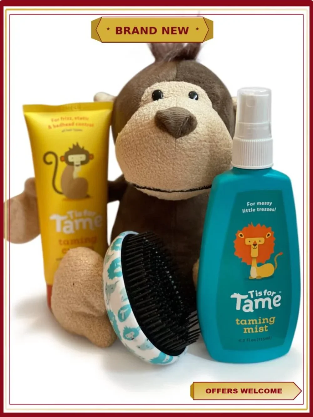 4-in-1 Baby Hair Gift Set with Detangling Spray, Taming Cream, Brush & Plush